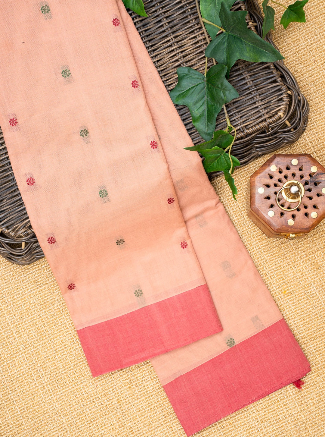Salmon Peach Pure Kanchi Cotton Saree - Clio Silks