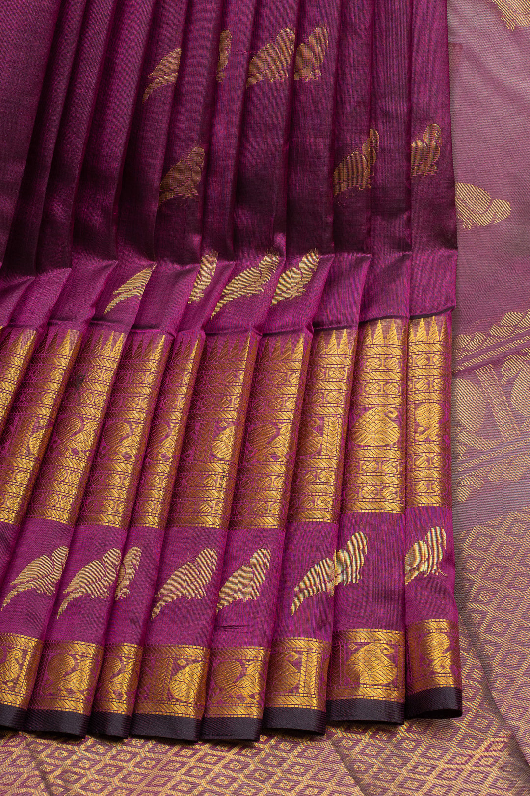 Purple Bird Motifs Pure Silk Cotton Saree