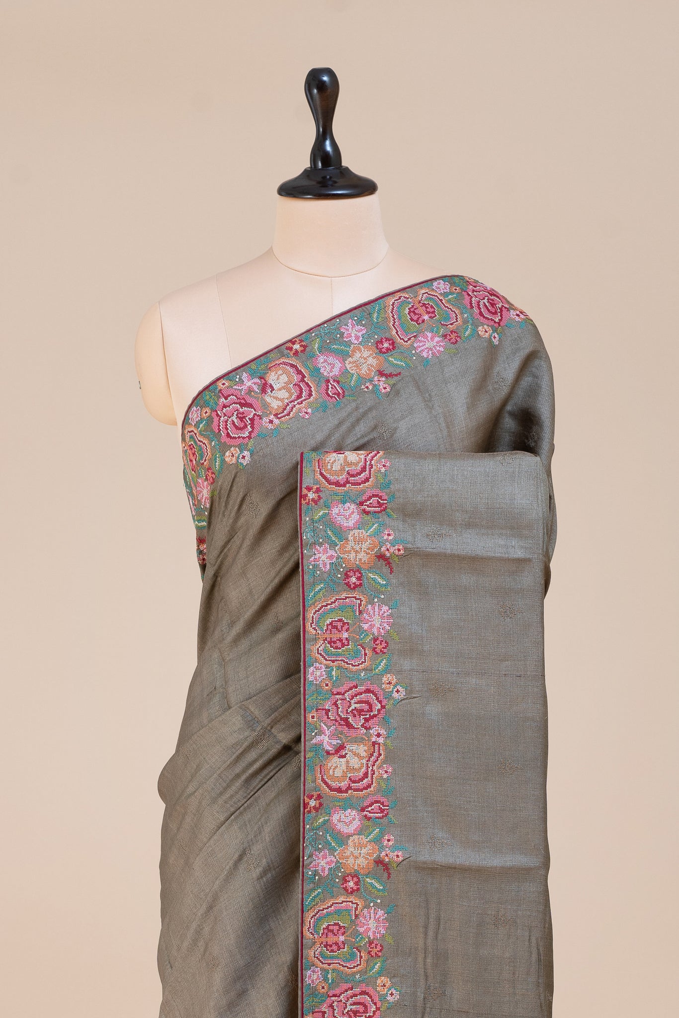 Olive Green Embroidered Pure Tussar Designer Silk saree