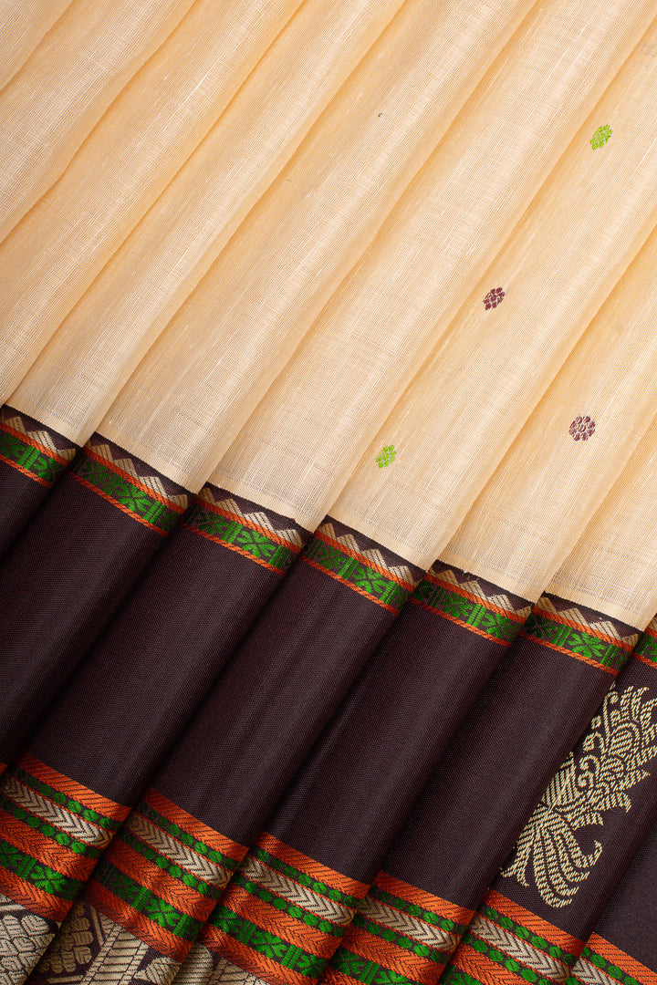 Off White Threadwork Linen Kanchipuram Saree