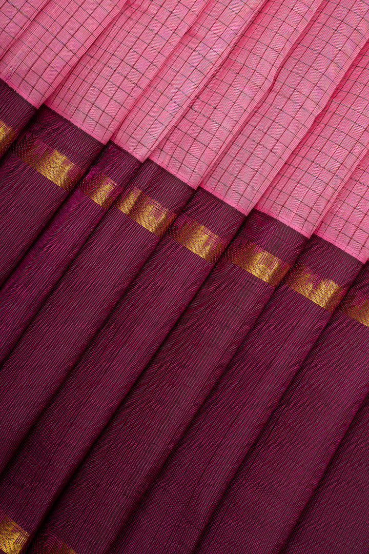 Pink and Maroon Checks Pure Silk Cotton Saree