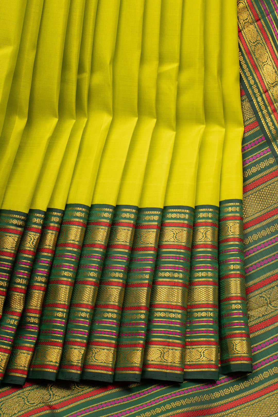 Chartreuse Green and Bottle Green Varisaipettu Pure Kanchipuram Silk Saree