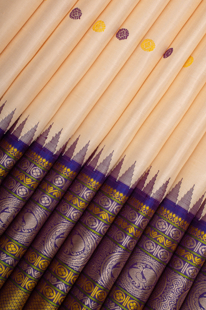 Beige Threadwork Pure Kanchipuram Silk Saree