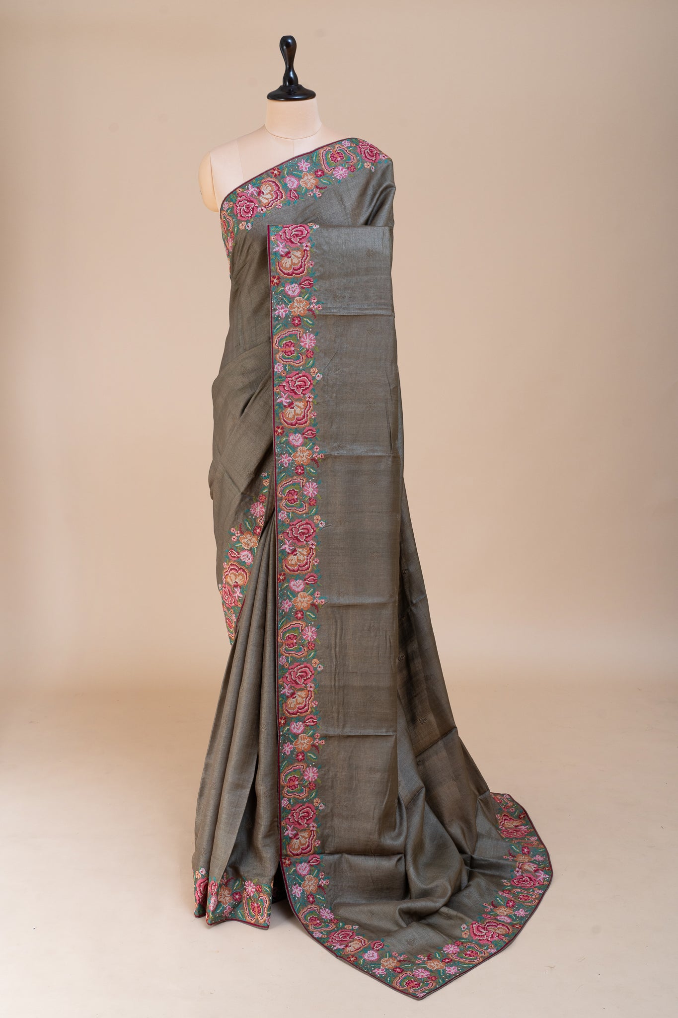 Olive Green Embroidered Pure Tussar Designer Silk saree