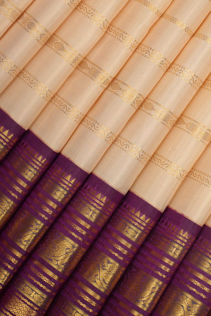 Off White &amp; Purple Neli Stripes Varisaipettu Pure Kanchipuram Silk Saree