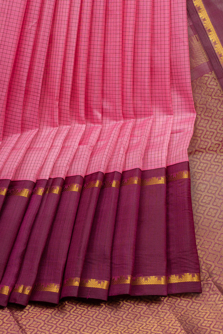 Pink and Maroon Checks Pure Silk Cotton Saree