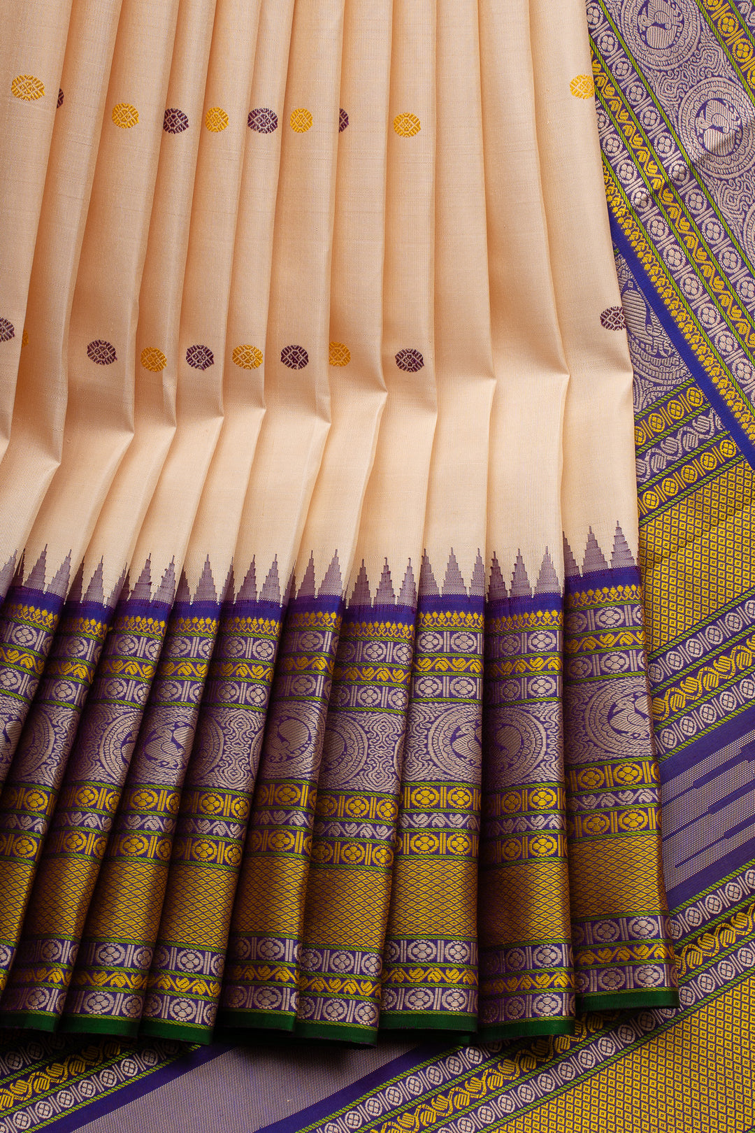 Beige Threadwork Pure Kanchipuram Silk Saree