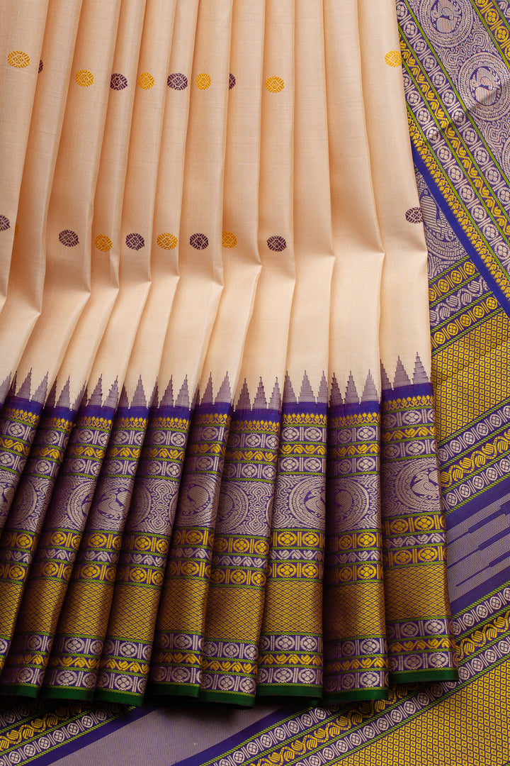 Beige Threadwork Pure Kanchipuram Silk Saree