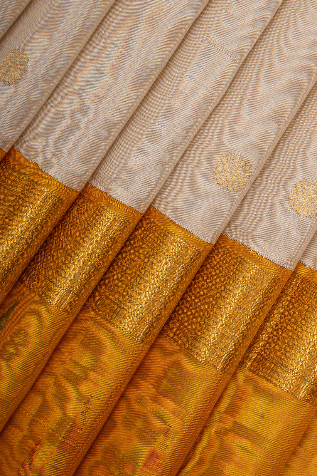 Off white and mustard temple border pure kanchipuram silk saree