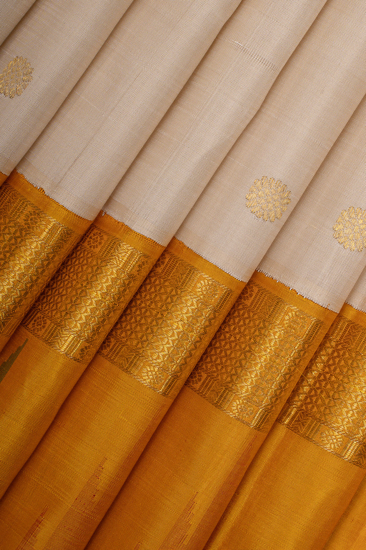 Off white and mustard temple border pure kanchipuram silk saree