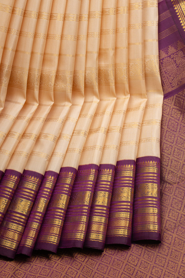 Off White &amp; Purple Neli Stripes Varisaipettu Pure Kanchipuram Silk Saree