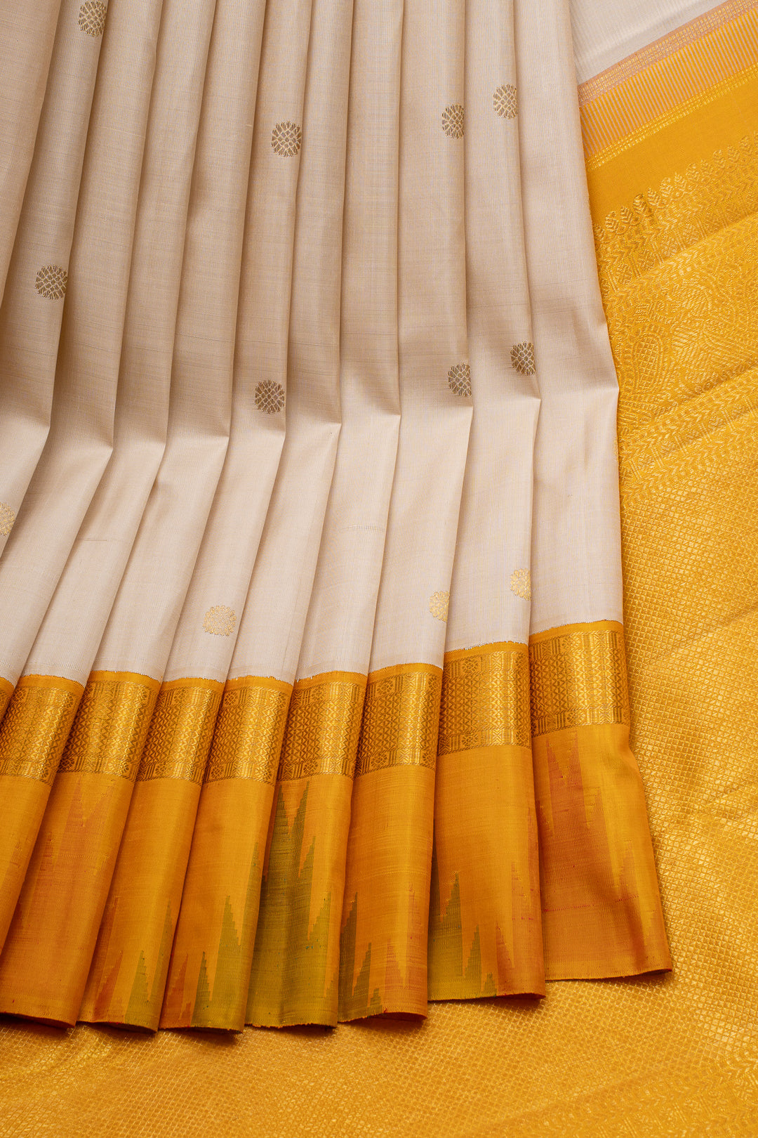 Off white and mustard temple border pure kanchipuram silk saree