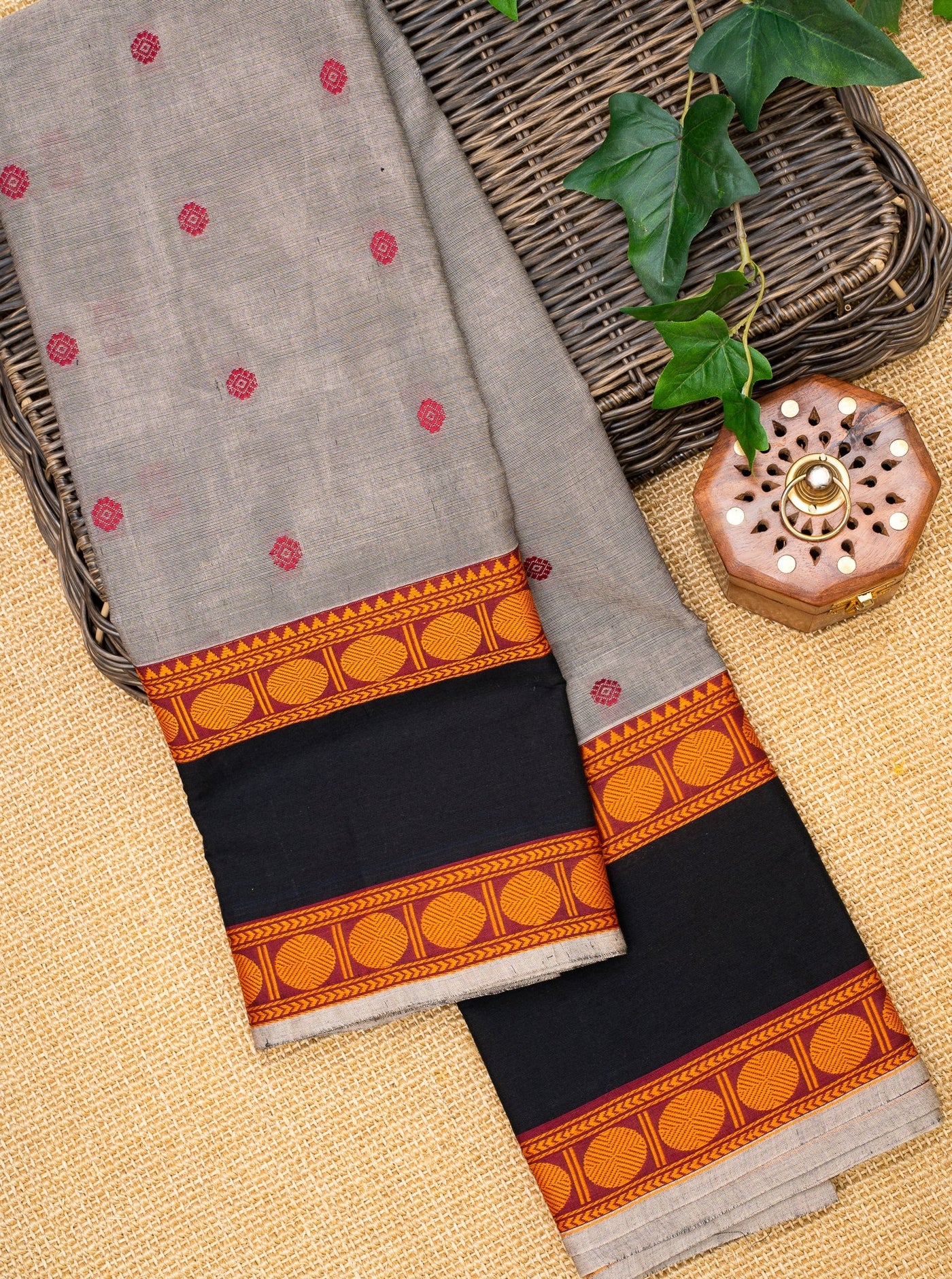 Grey and Black Pure Kanchi Cotton Saree - Clio Silks