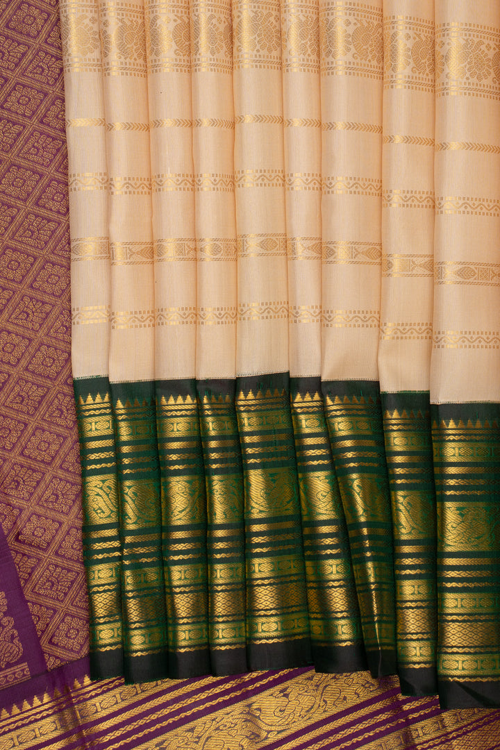 Off White &amp; Purple Neli Stripes Varisaipettu Pure Kanchipuram Silk Saree
