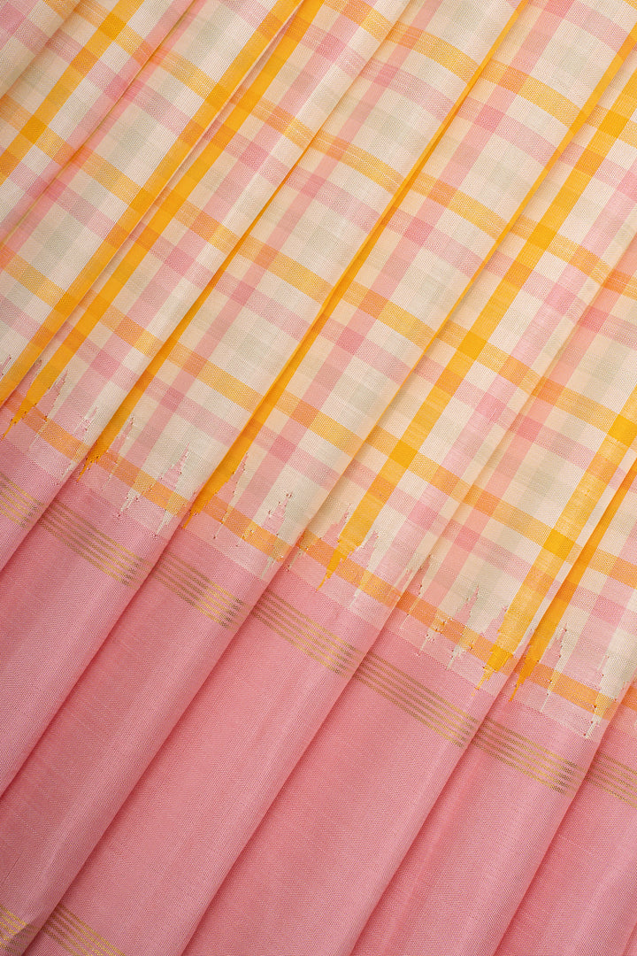 Pink Multi Checks Pure Kanchipuram Silk Saree