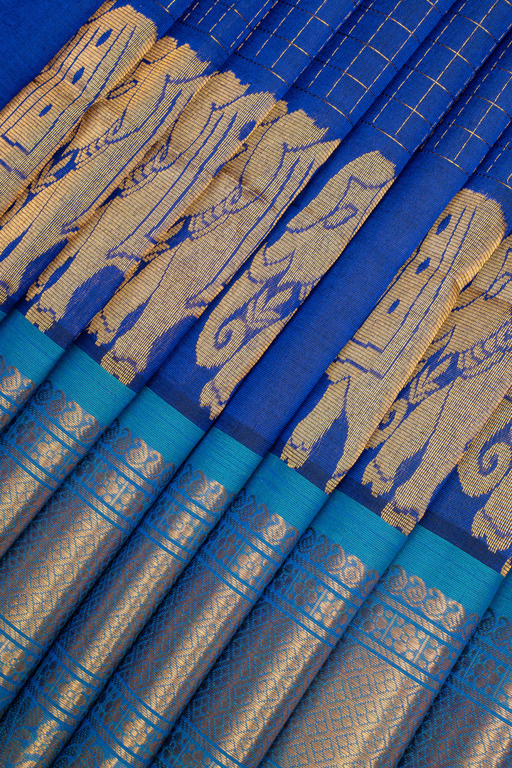 MS Blue Zari Checks Pure Silk Cotton Saree
