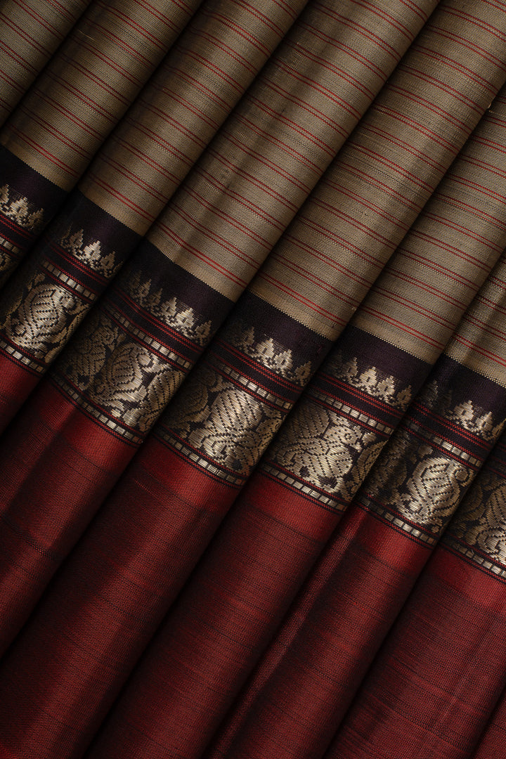 Khaki beige stripes rettai pettu pure kanchipuram silk saree