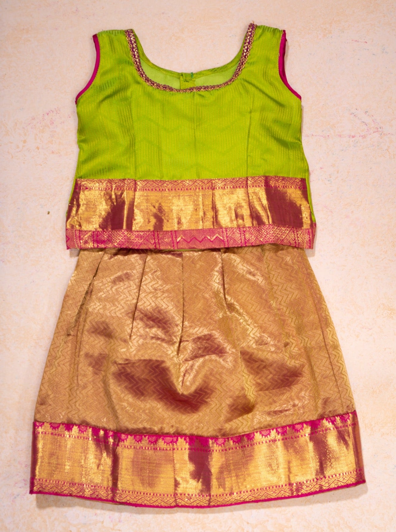 Green and Pink Pure Silk 2 Years Pattu Pavadai Set - Clio Silks