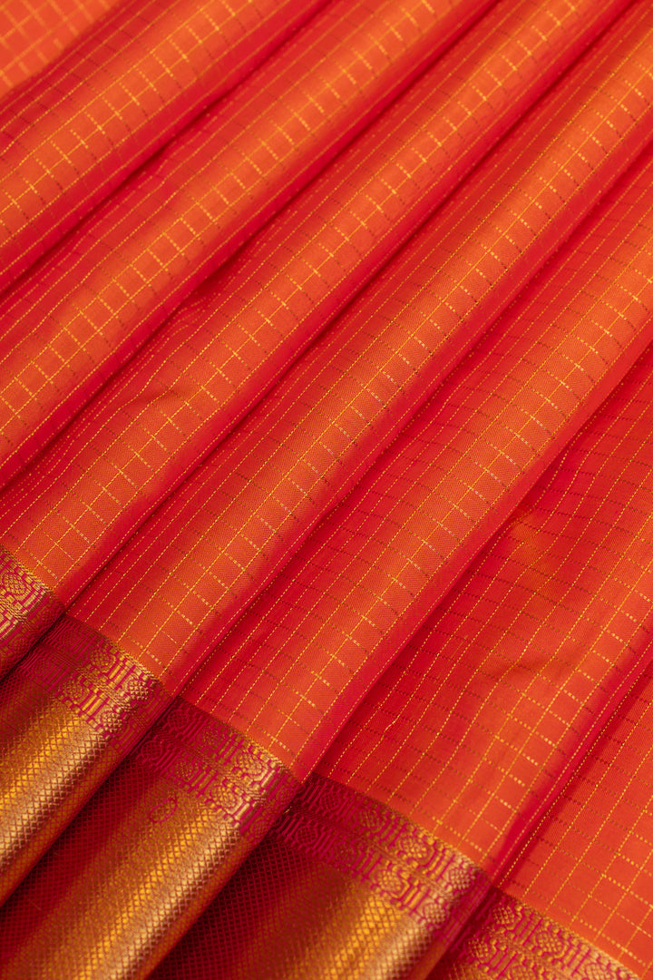 Orange zari checks pure Kanchipuram silk saree