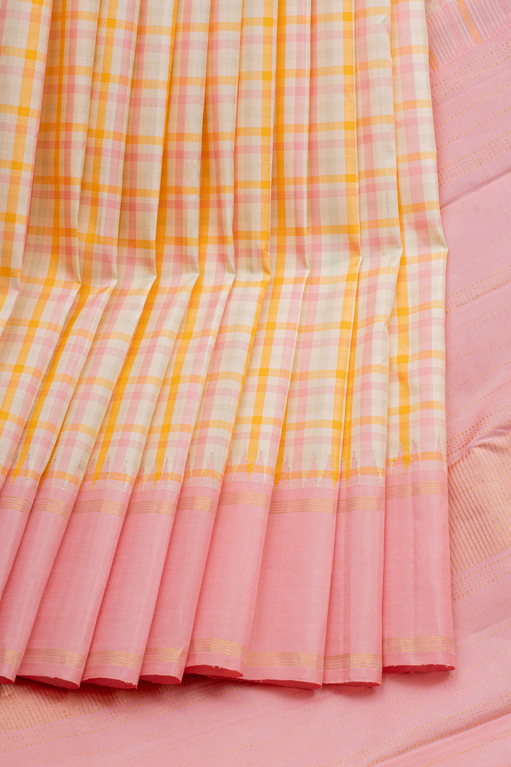 Pink Multi Checks Pure Kanchipuram Silk Saree