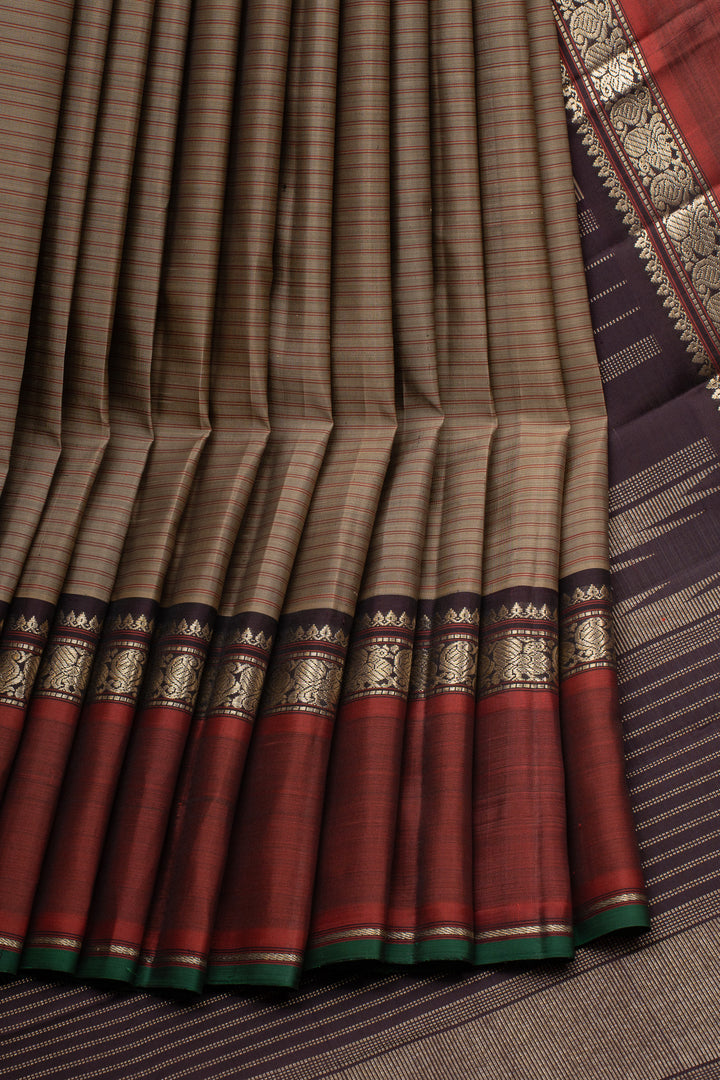Khaki beige stripes rettai pettu pure kanchipuram silk saree