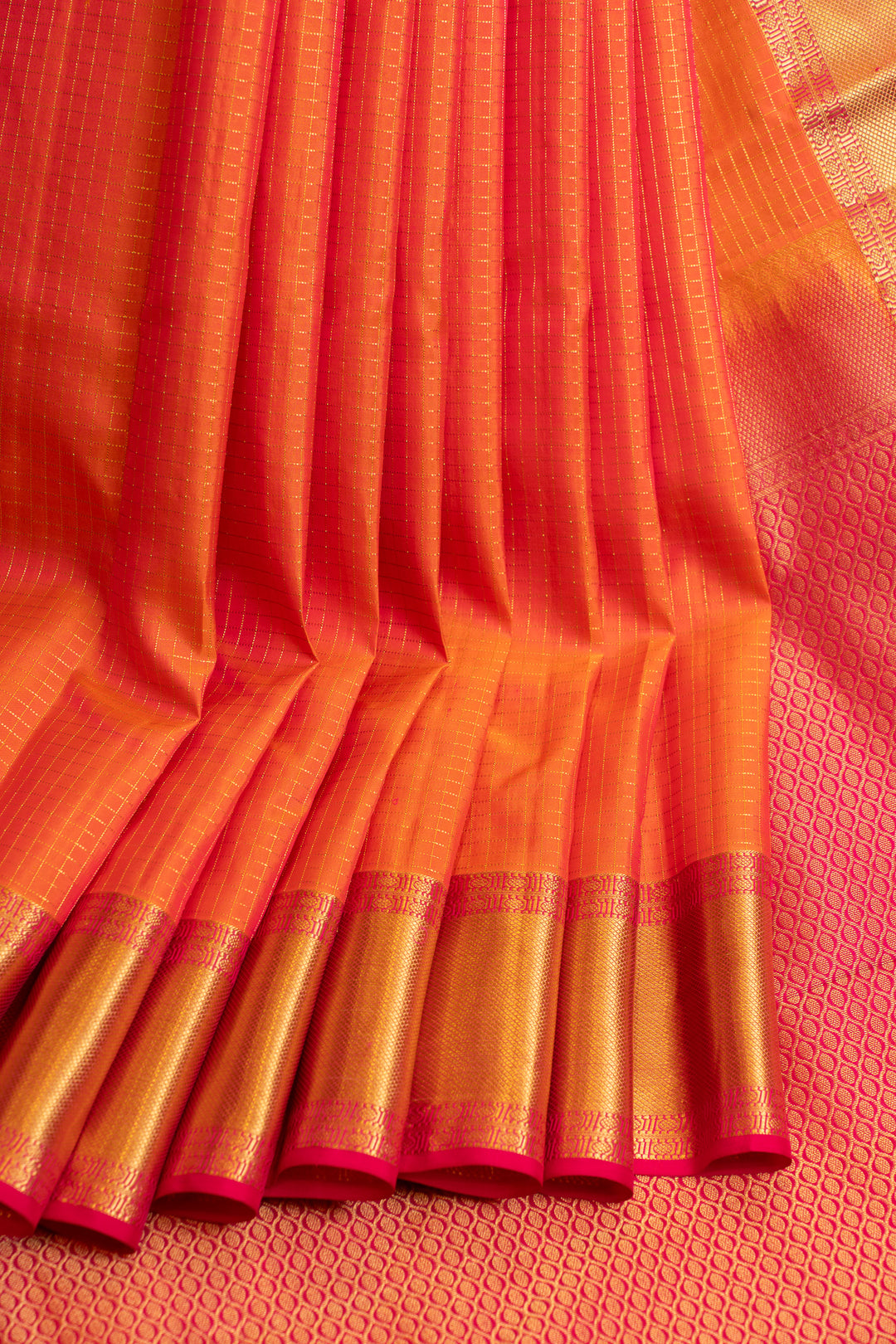 Orange zari checks pure Kanchipuram silk saree