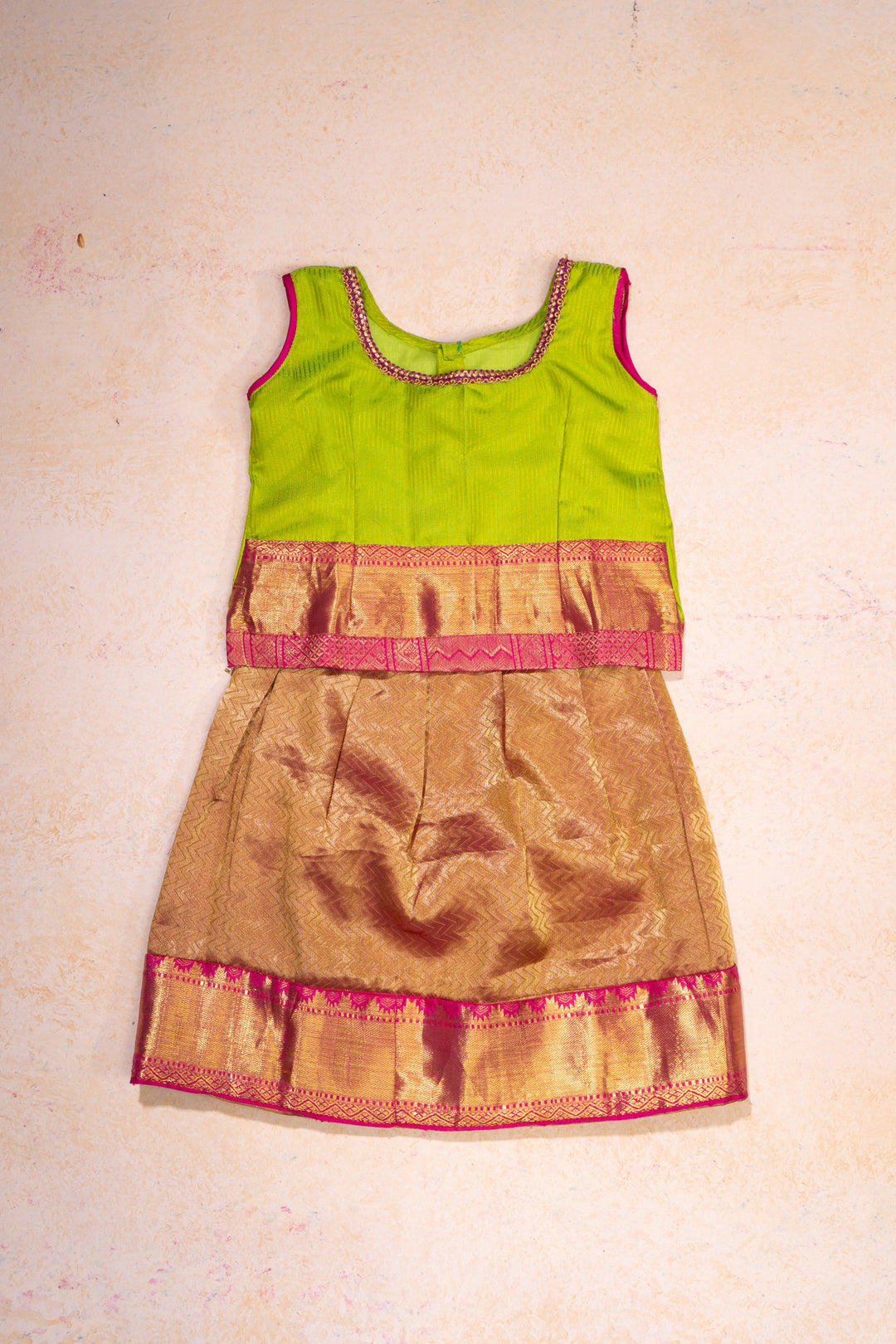 Green and Pink Pure Silk 2 Years Pattu Pavadai Set - Clio Silks