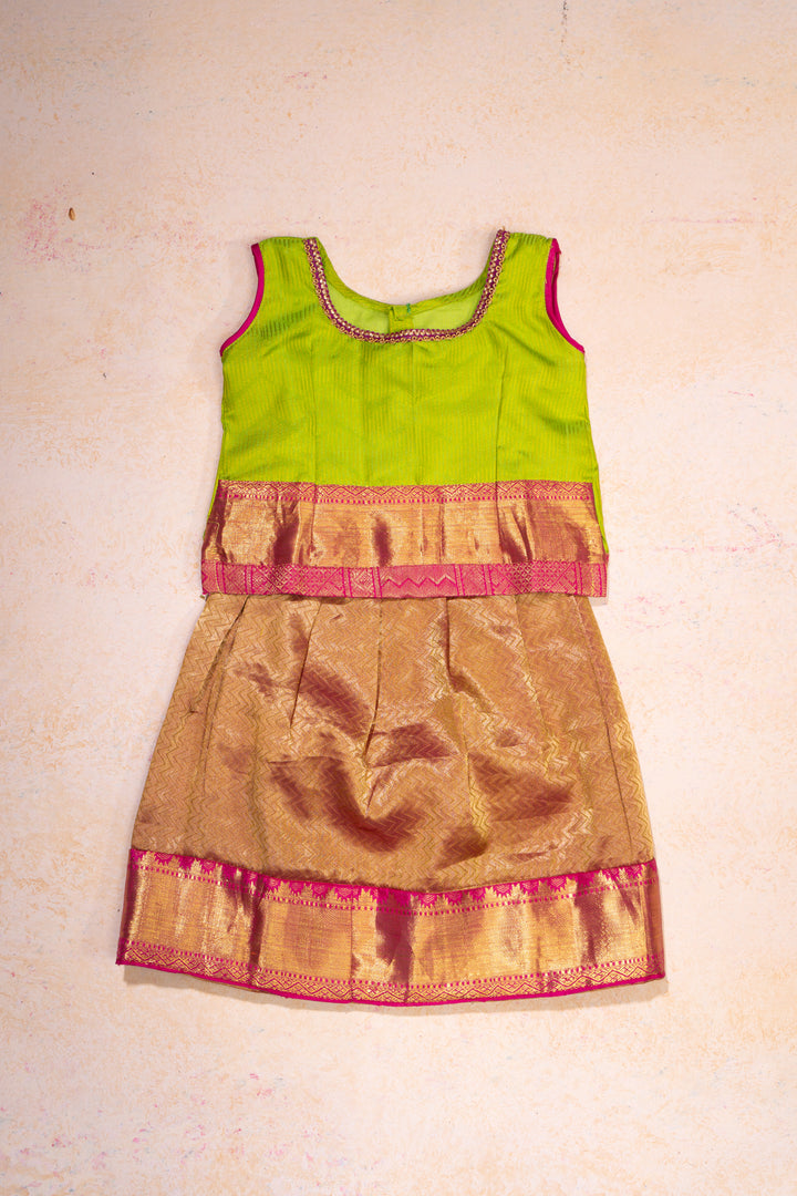Green and Pink Pure Silk 2 Years Pattu Pavadai Set - Clio Silks