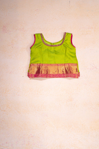 Green and Pink Pure Silk 2 Years Pattu Pavadai Set - Clio Silks