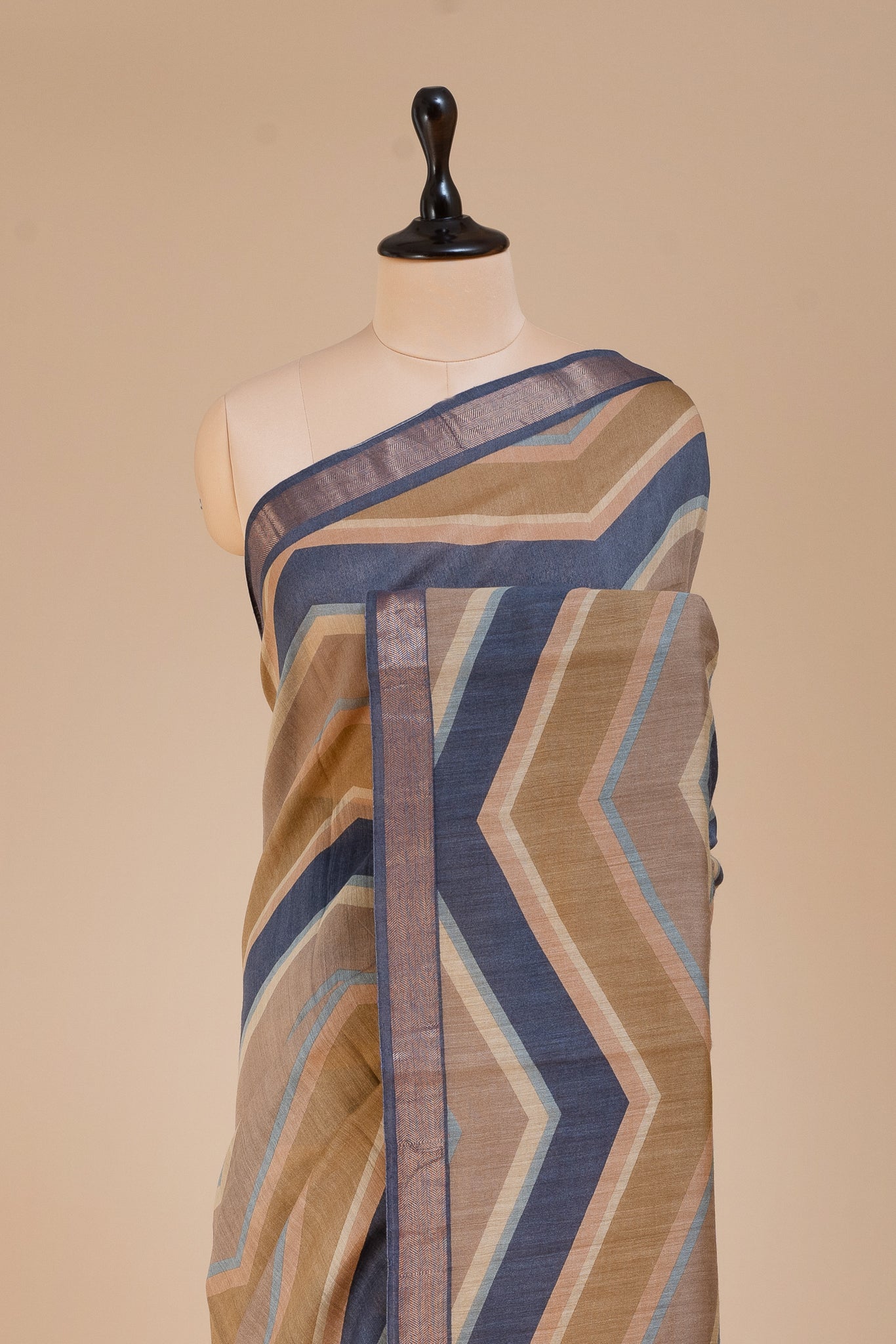 Blue and Mustard Chevron Printed Pure Tussar Silk saree