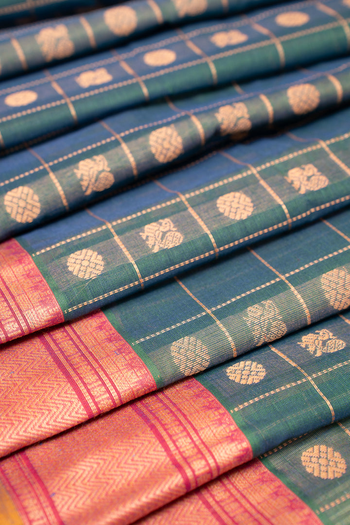 Peacock Blue Thread Checks Pure Cotton Saree - Clio Silks