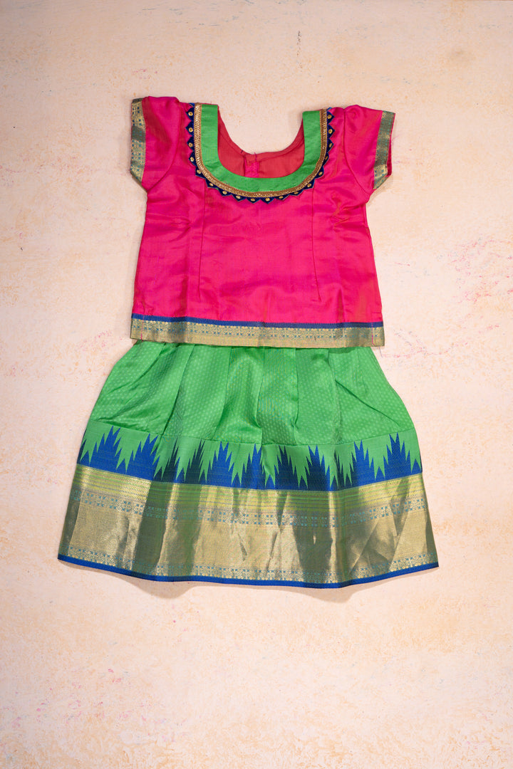 Pink and Green Pure Silk 2 Year Pattu Pavadai - Clio Silks