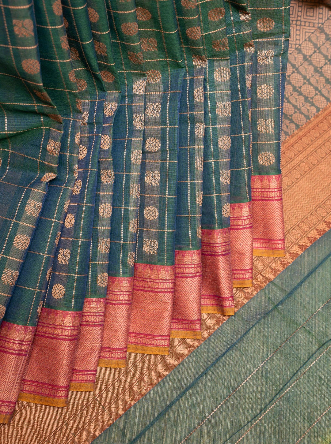 Peacock Blue Thread Checks Pure Cotton Saree - Clio Silks