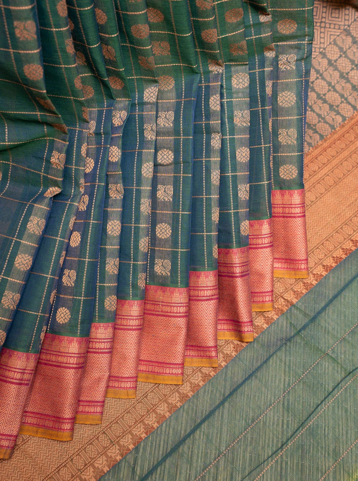Peacock Blue Thread Checks Pure Cotton Saree - Clio Silks