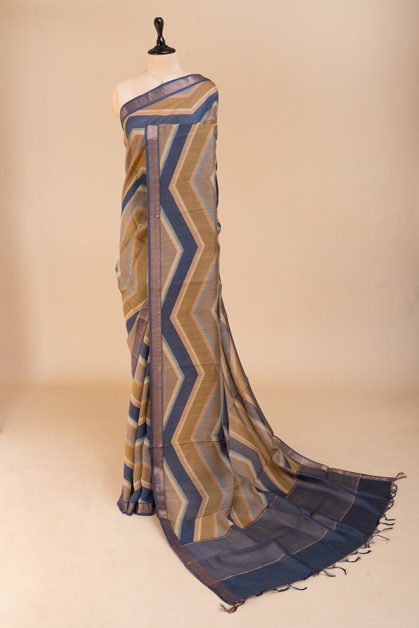 Blue and Mustard Chevron Printed Pure Tussar Silk saree