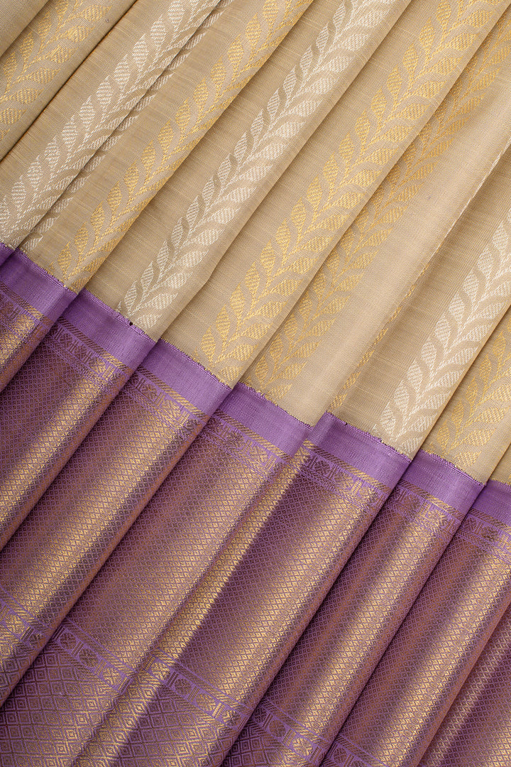 Champagne Gold and Lilac Stripes Pure Kanchipuram Silk Saree