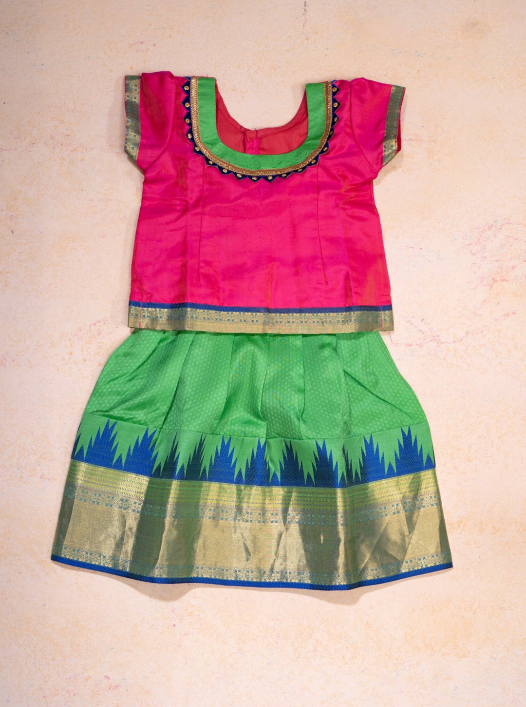 Pink and Green Pure Silk 2 Year Pattu Pavadai - Clio Silks