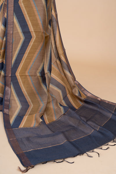 Blue and Mustard Chevron Printed Pure Tussar Silk saree