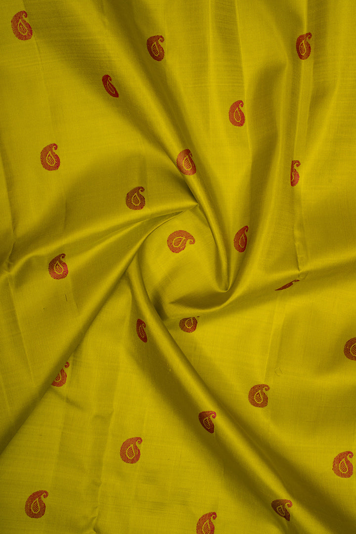 Lime green and red paisley motifs pure kanchipuram silk saree