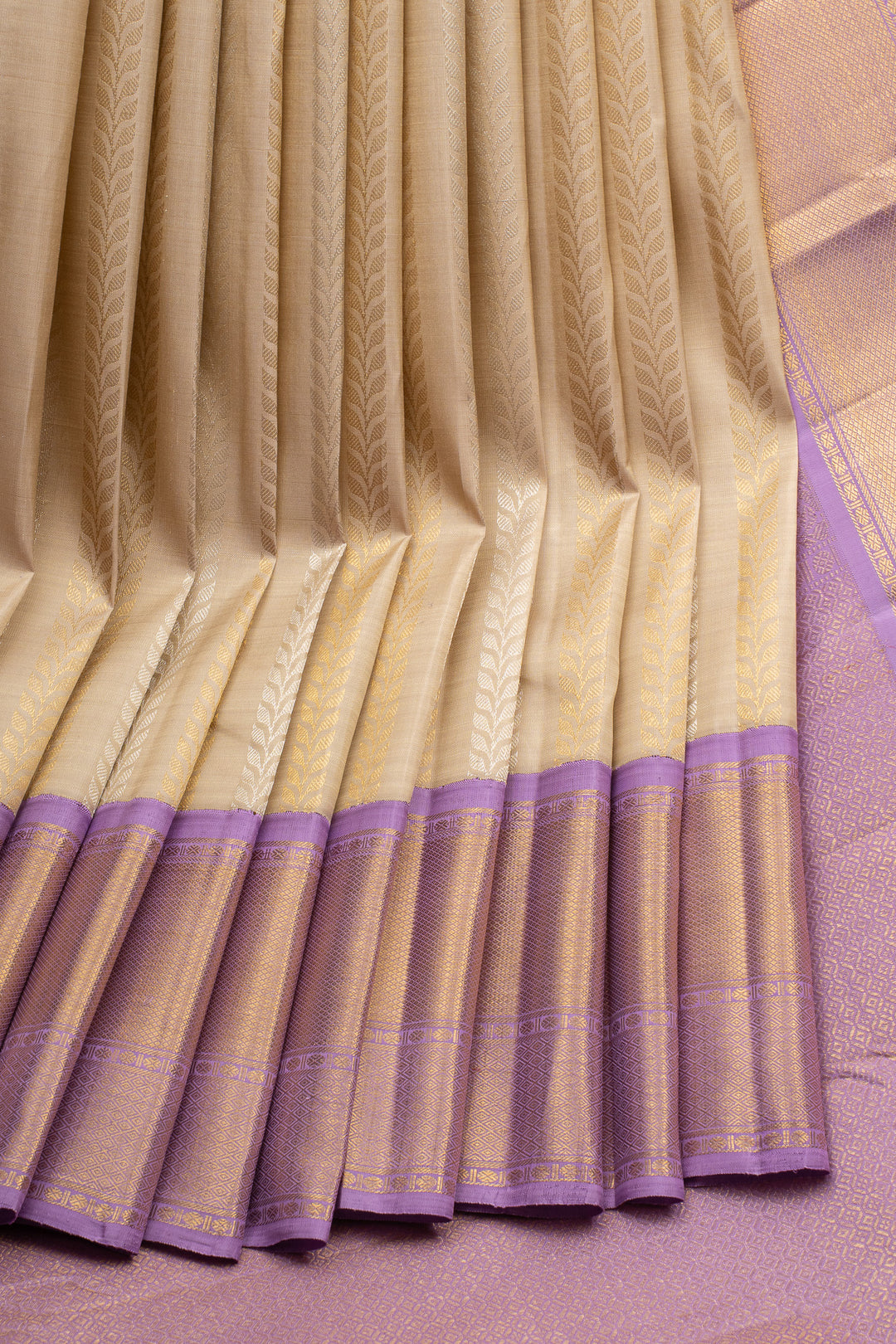 Champagne Gold and Lilac Stripes Pure Kanchipuram Silk Saree