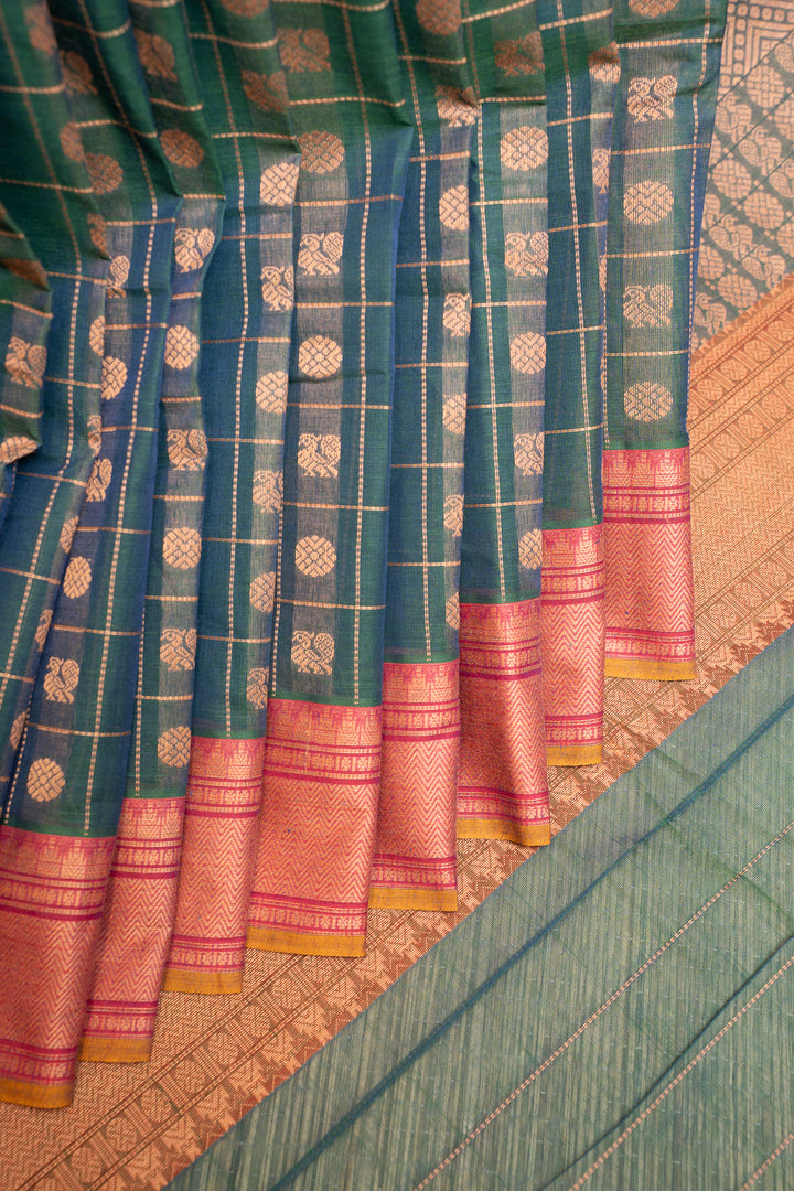 Peacock Blue Thread Checks Pure Cotton Saree - Clio Silks