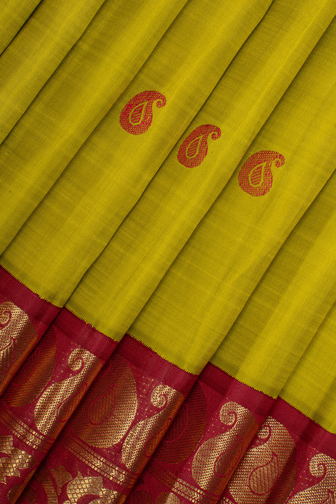 Lime green and red paisley motifs pure kanchipuram silk saree