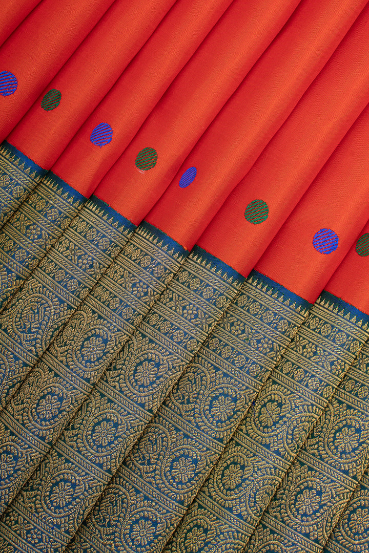 Orange and Peacock Blue Turning Border Pure Kanchipuram Silk Saree
