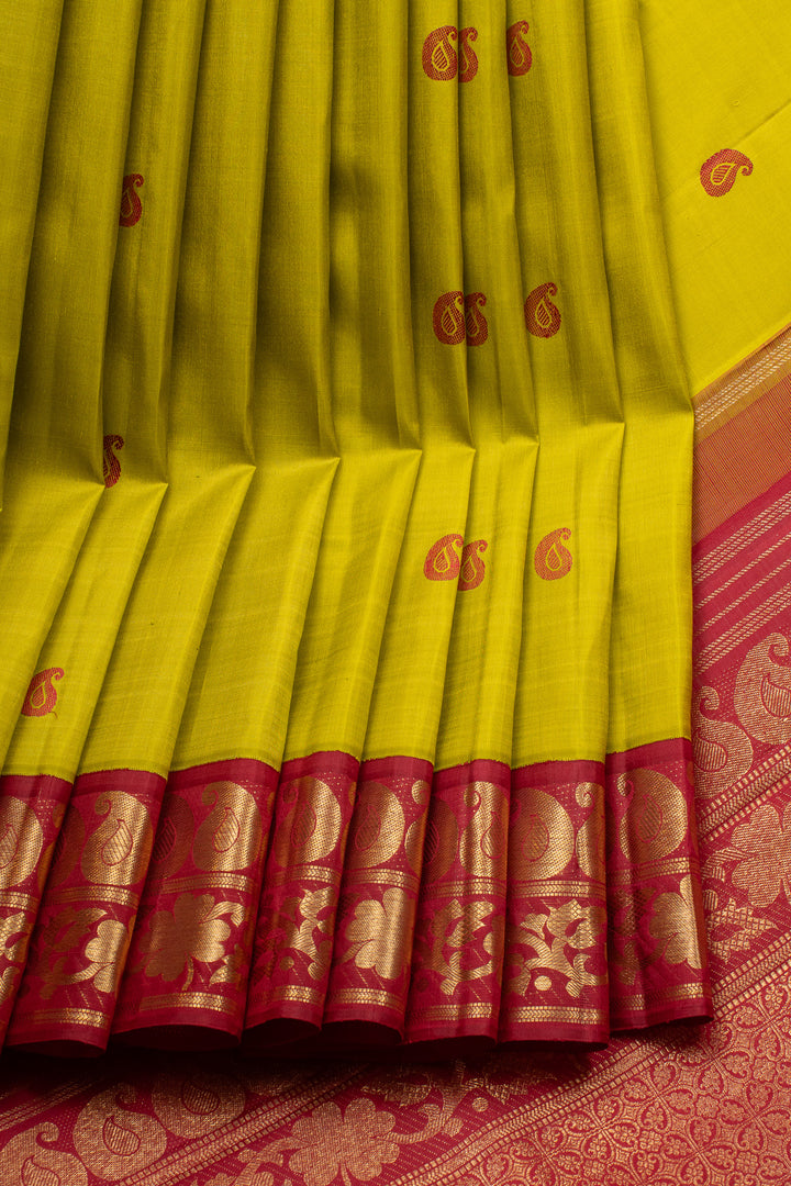 Lime green and red paisley motifs pure kanchipuram silk saree