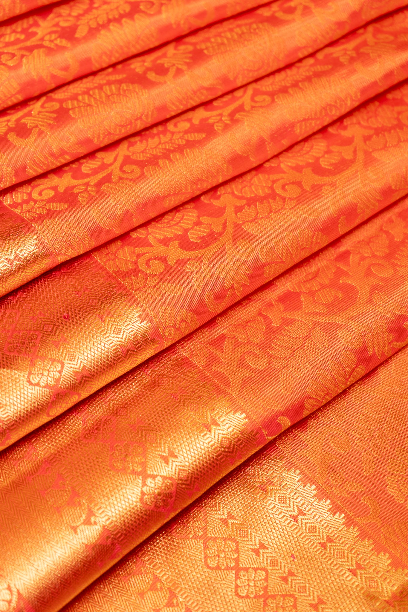 Peach Orange Floral Brocade Pure Kanchipuram Silk Saree - Clio Silks