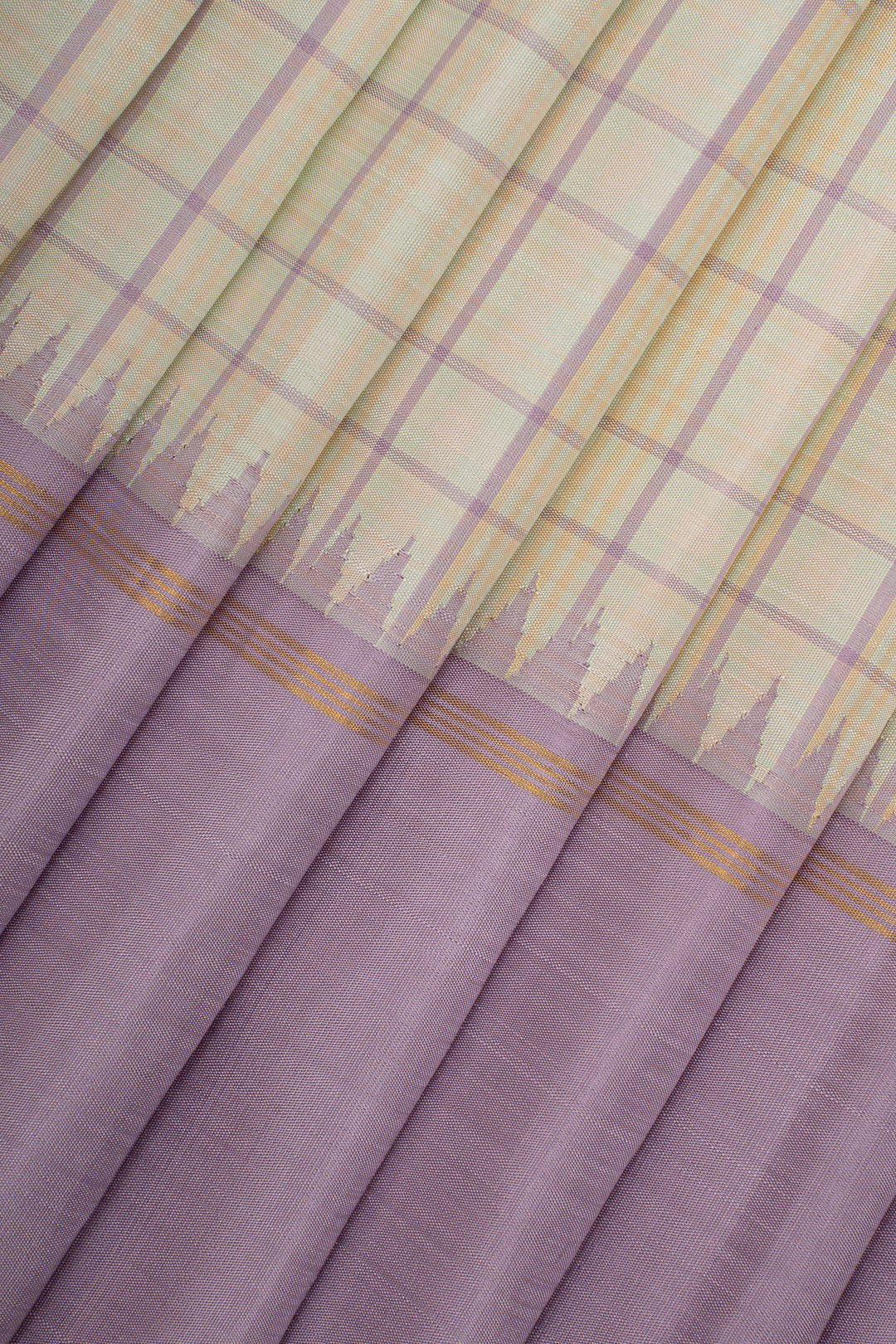 Cream and lilac multi checks pure kanchipuram silk saree