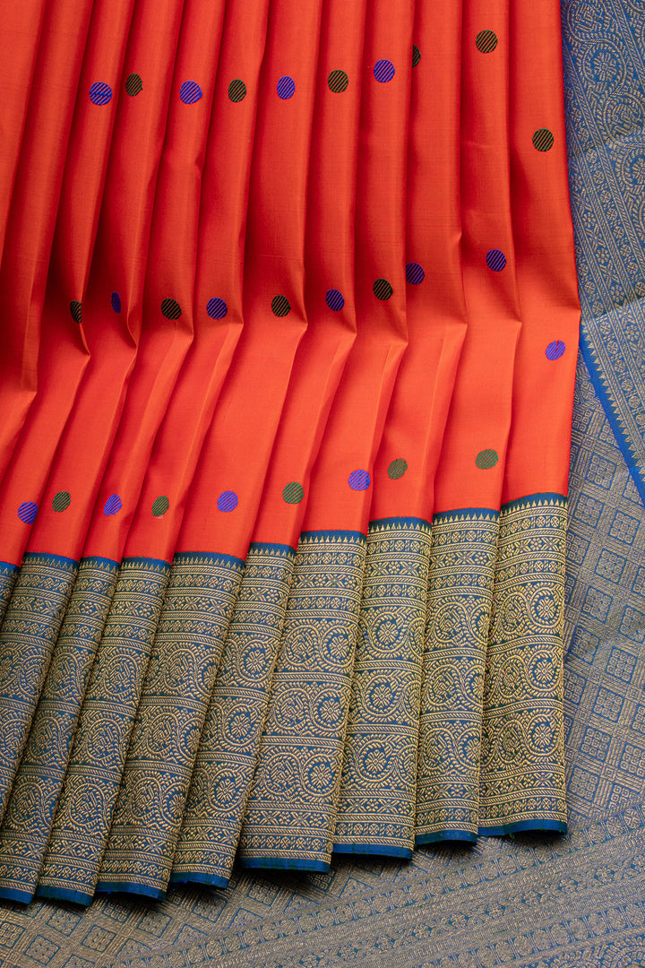 Orange and Peacock Blue Turning Border Pure Kanchipuram Silk Saree