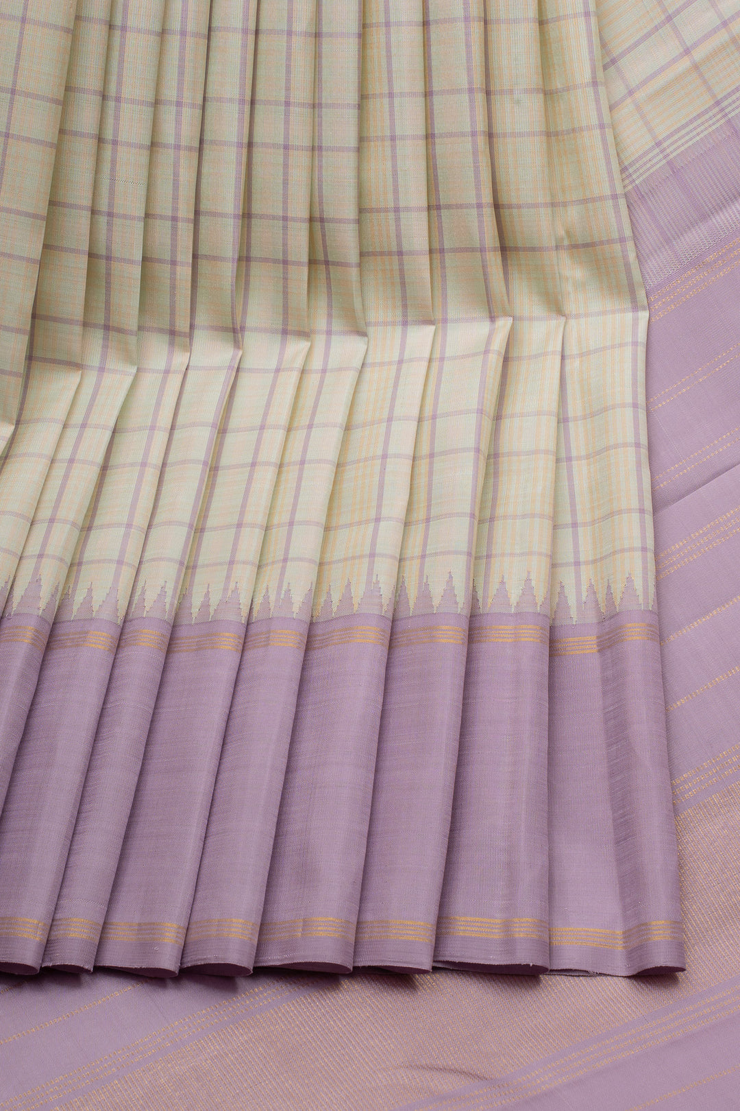 Cream and lilac multi checks pure kanchipuram silk saree