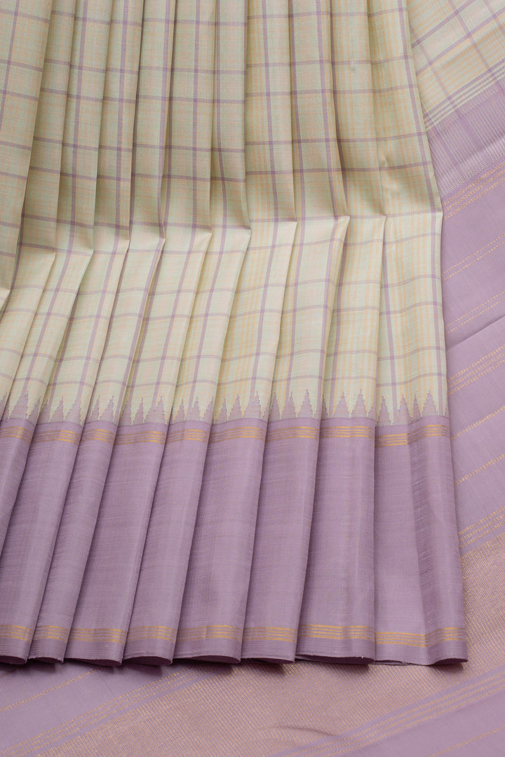Cream and lilac multi checks pure kanchipuram silk saree