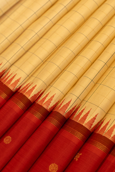 Off white and red checks pure Zari Kanchipuram silk saree